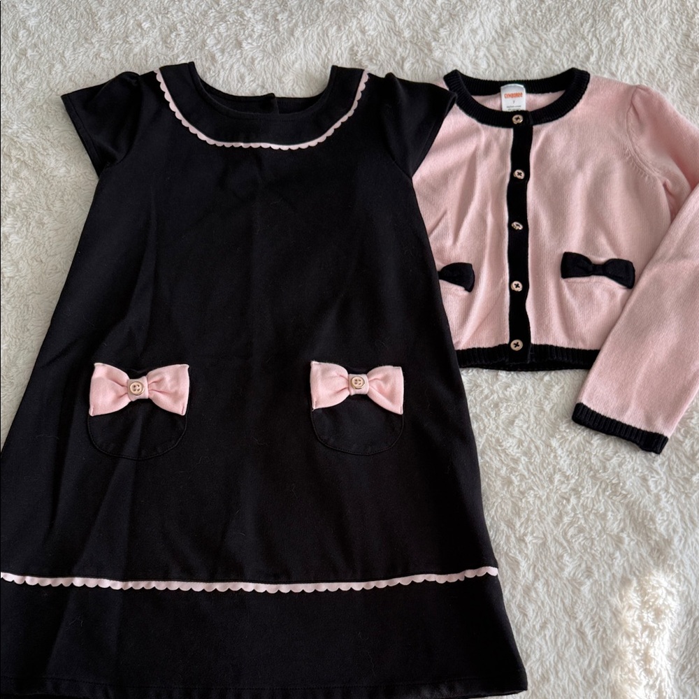 Gymboree Girls Size 7 Pink Black Dress with Knit Cardigan Set, Bow Accents